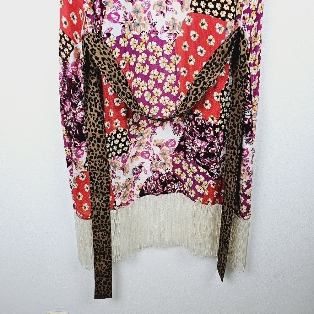 Oddy Mixed Media Patchwork Floral Leopard Print Fringe Kimono, size S/M - Picture 9 of 12
